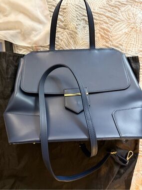 Tano Navy Blue Structured Satchel with Gold Accent